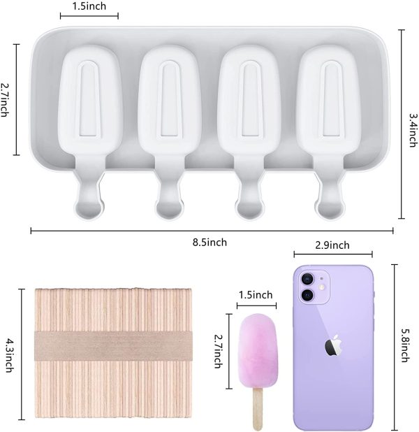 Popsicle Molds Set of 2, Ice Pop Molds Silicone 4 Cavities Ice Cream Mold Oval Cake Pop Mold with 50 Wooden Sticks for DIY Popsicle, Clear Hot on Sale - Image 2